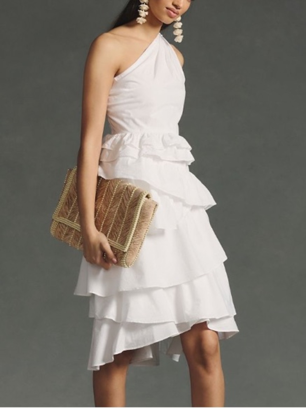 Anthropologie White Cotton One-Shoulder Tiered Midi Dress - Like New